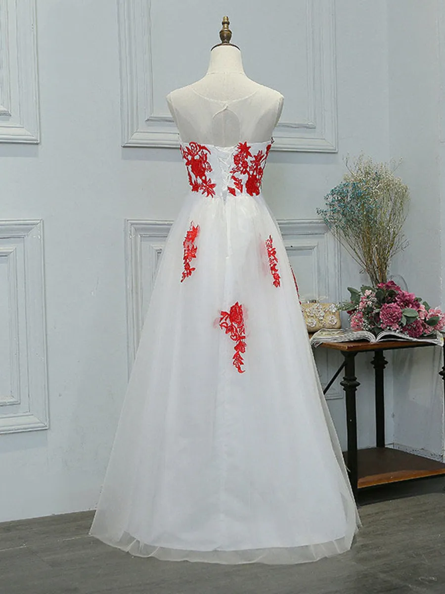 A Line Round Neck Red Lace Appliques White Prom, Lace White Formal, Lace Appliques White Graduation