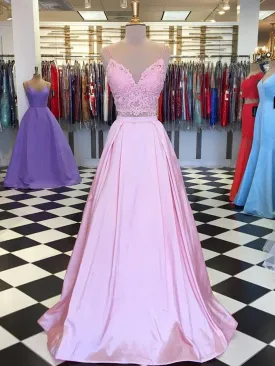 A Line V Neck Two Pieces Lace Top Pink Satin Long Prom, Pink Two Pieces Lace Formal Graduation Evening