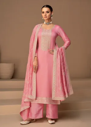 Beautiful Rose Pink & Gold Embroidered Premium Silk Salwar Suit