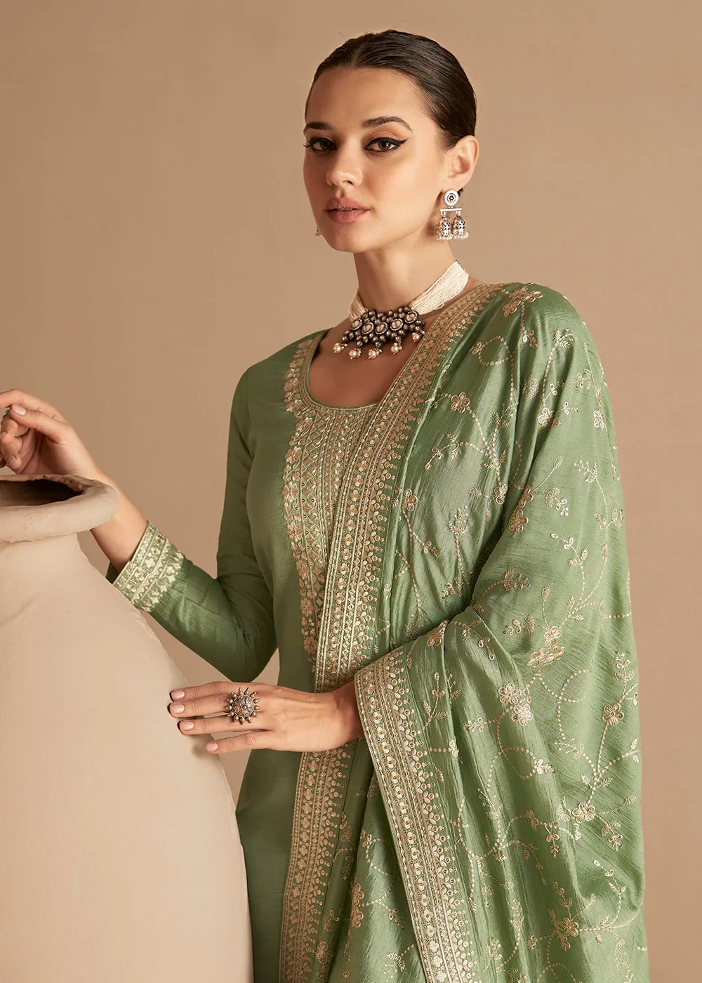 Beautiful Soft Green & Gold Embroidered Premium Silk Salwar Suit