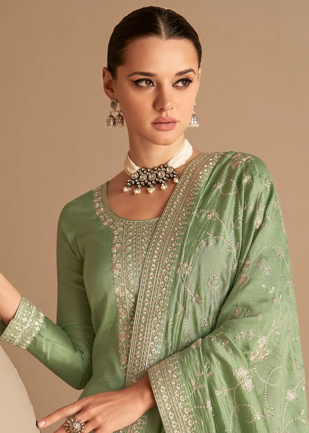 Beautiful Soft Green & Gold Embroidered Premium Silk Salwar Suit