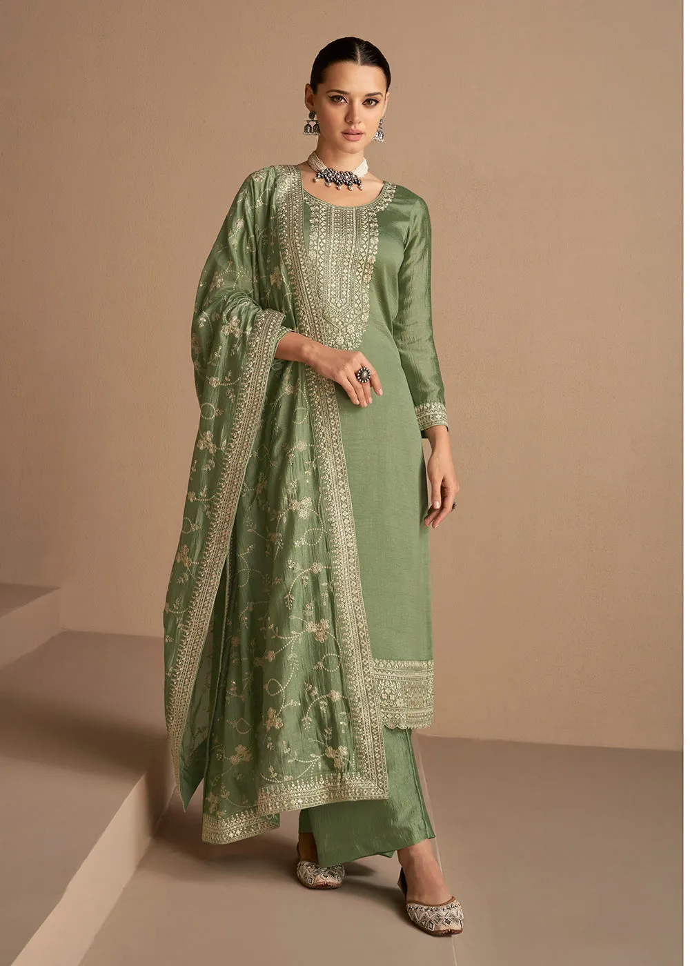 Beautiful Soft Green & Gold Embroidered Premium Silk Salwar Suit