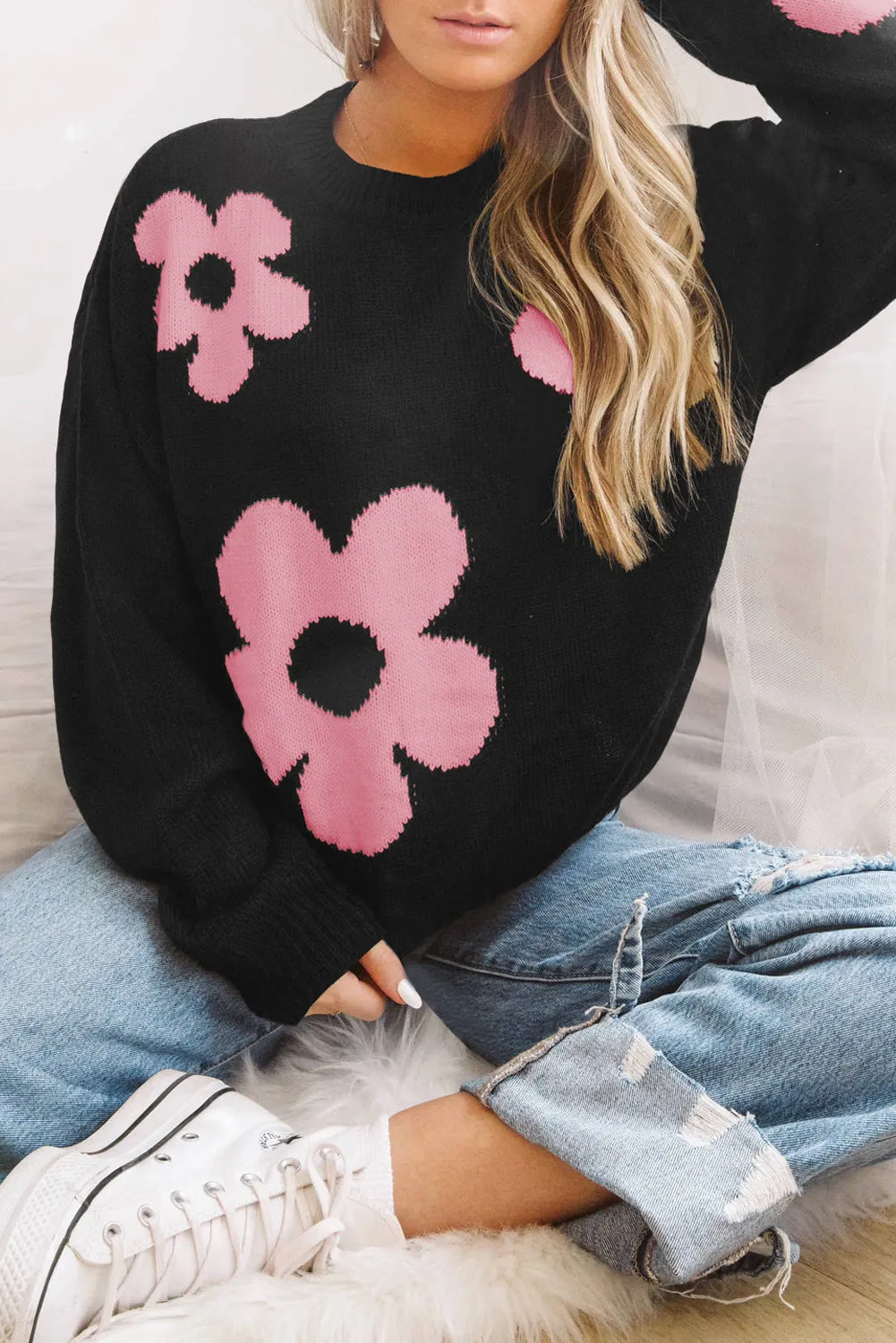 Big Flower Pattern Drop Shoulder Sweater