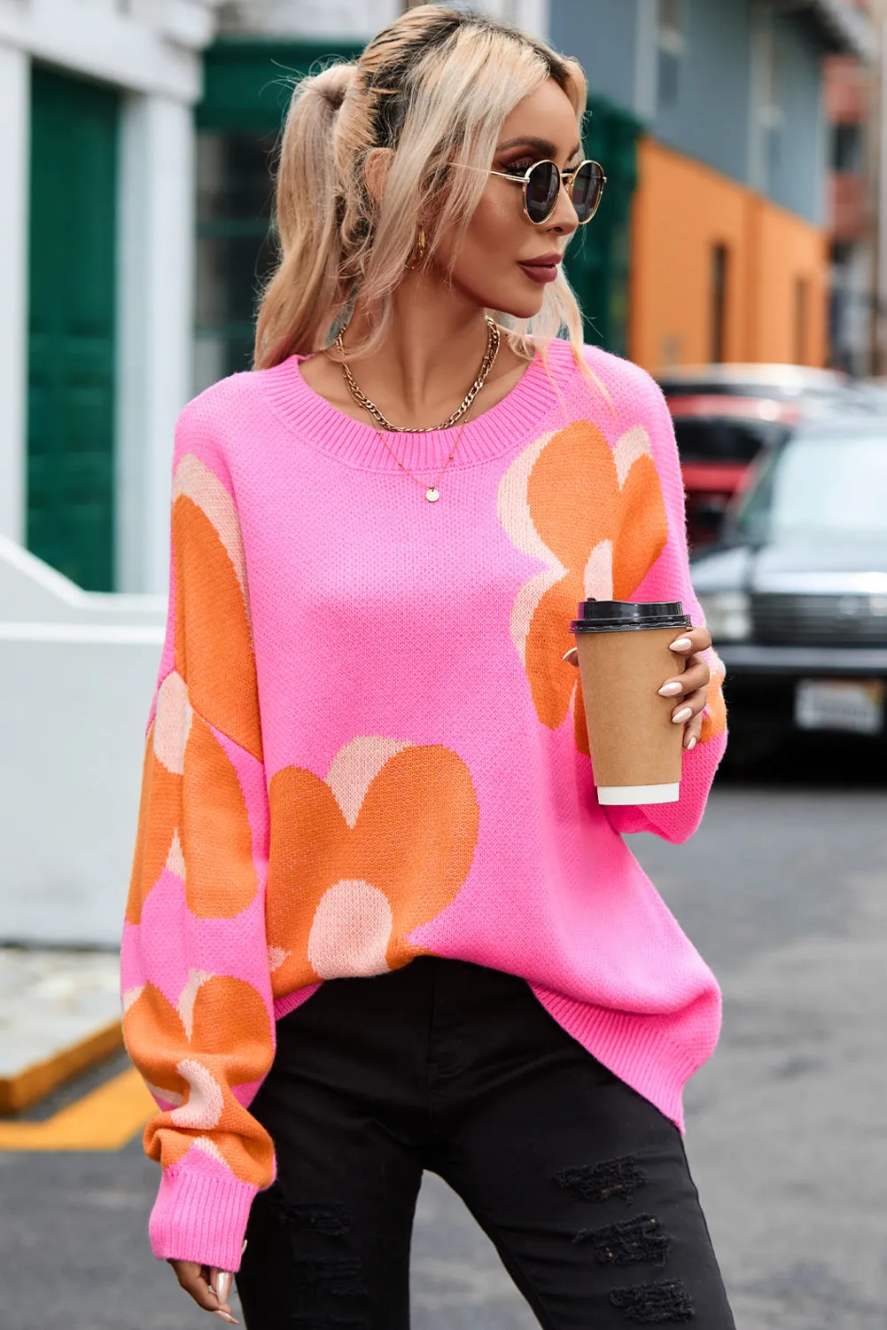 Big Flower Pattern Drop Shoulder Sweater