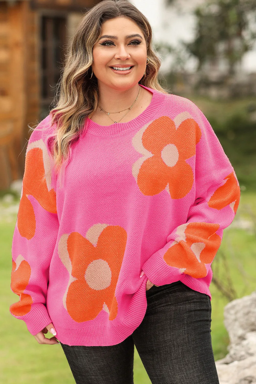 Big Flower Pattern Drop Shoulder Sweater