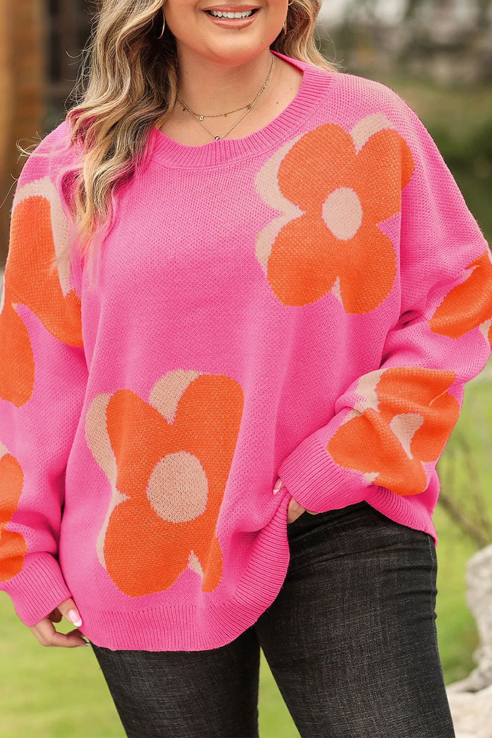 Big Flower Pattern Drop Shoulder Sweater