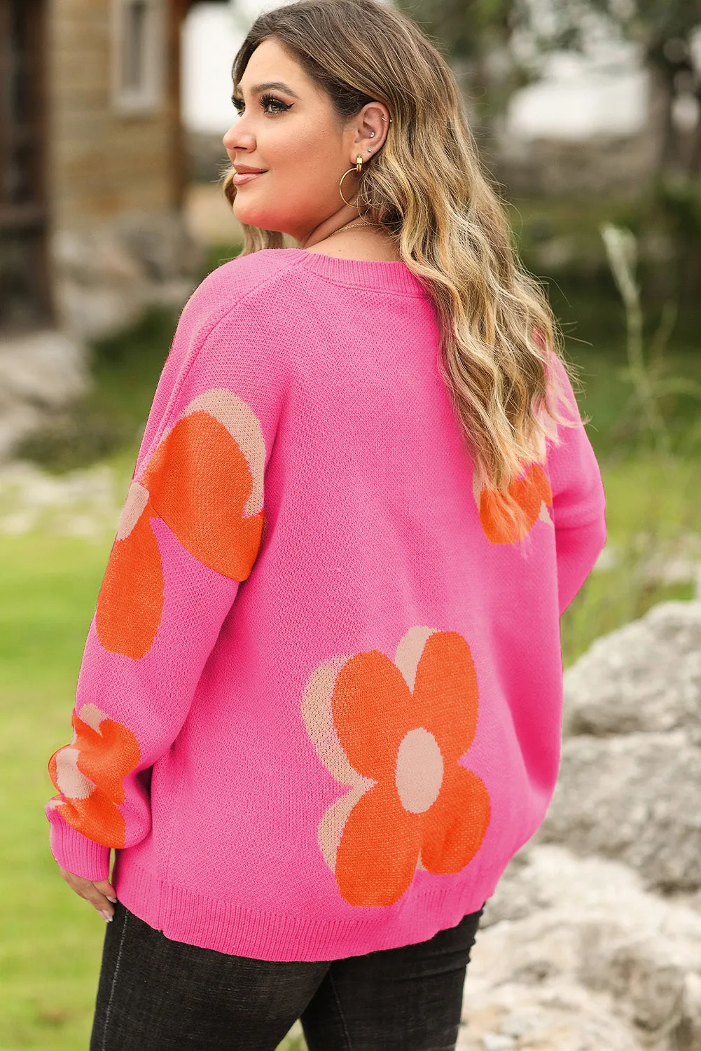 Big Flower Pattern Drop Shoulder Sweater