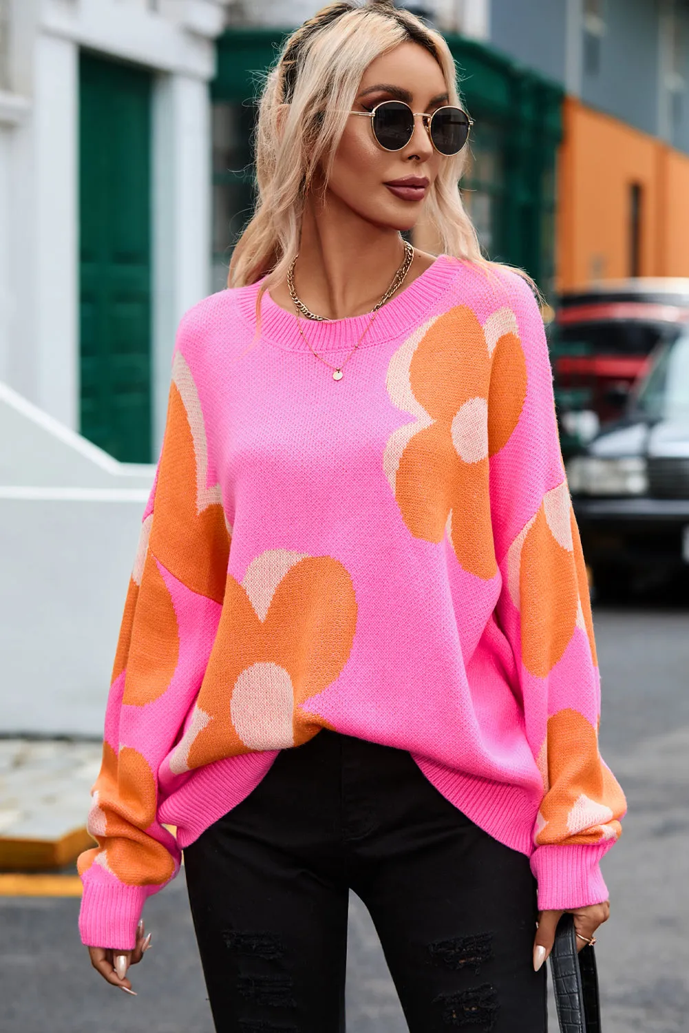 Big Flower Pattern Drop Shoulder Sweater