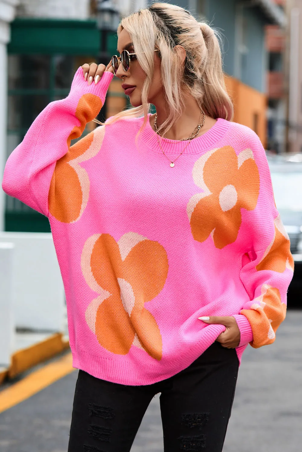 Big Flower Pattern Drop Shoulder Sweater