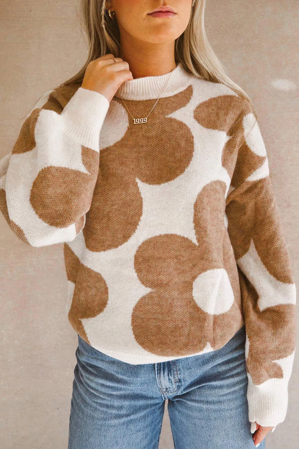 Big Flower Pattern Drop Shoulder Sweater