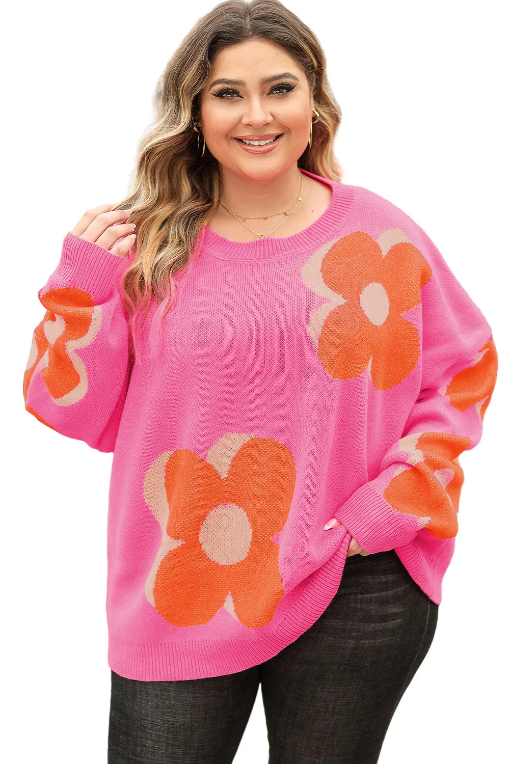 Big Flower Pattern Drop Shoulder Sweater