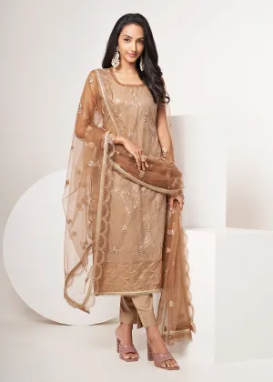 Biscuit Brown Net Embroidered Festive Salwar Suit