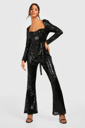 Boohoo Sequin Jumpsuit with Belt, Black