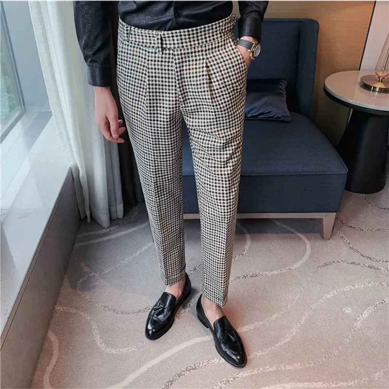 British Style Stripe Plaid Men's High Waist Slim Fit Suit Pants for Office and Wedding