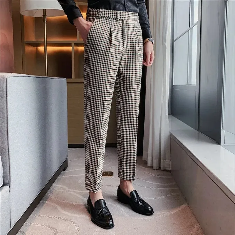 British Style Stripe Plaid Men's High Waist Slim Fit Suit Pants for Office and Wedding