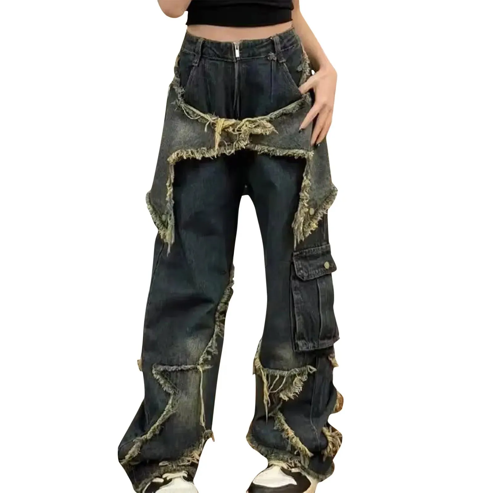 Casual Fading Distressed Star Vintage Denim Jeans