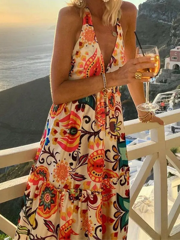 Deep V Halter Neck Backless Sleeveless Printed Dress