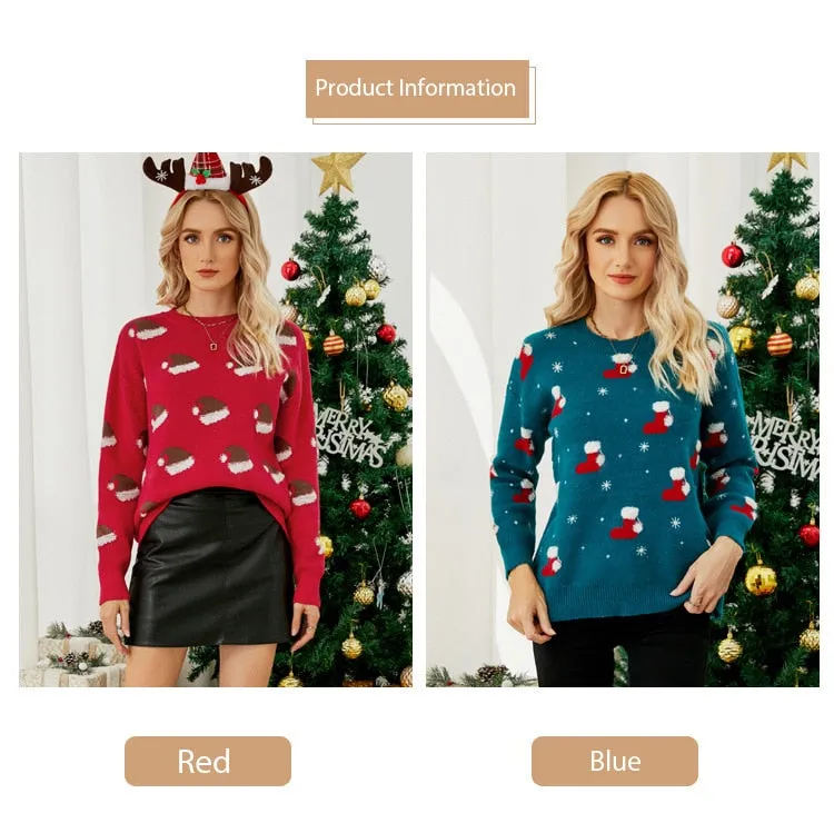 DressBetty - Pullover Sweater Long Sleeve Christmas Hat Round Neck Sweet Christmas Knitted