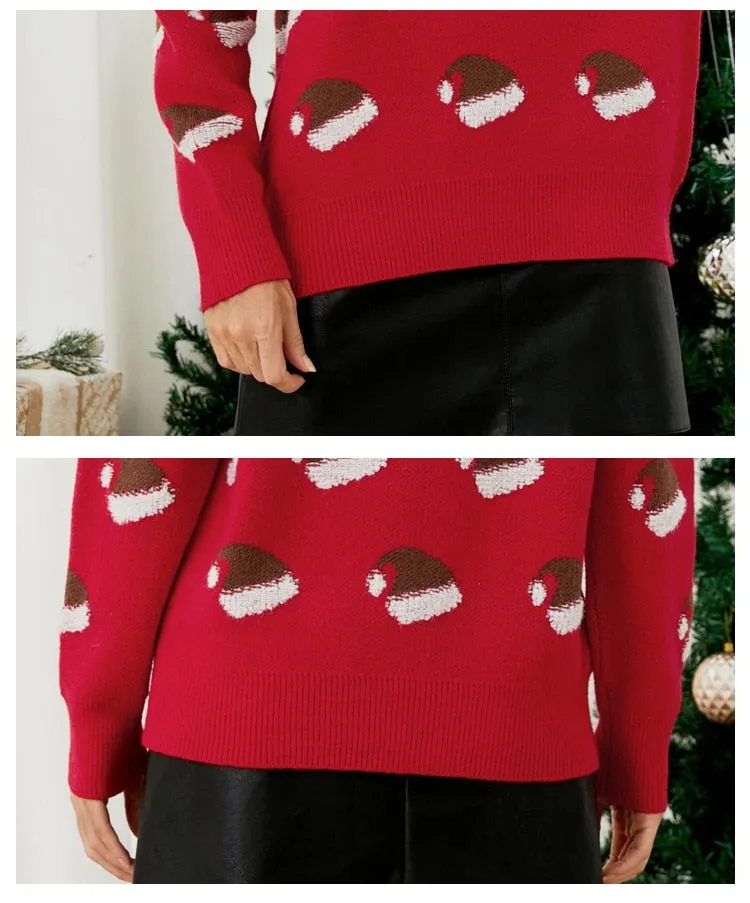 DressBetty - Pullover Sweater Long Sleeve Christmas Hat Round Neck Sweet Christmas Knitted