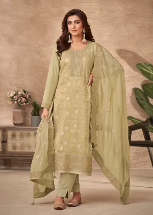 Embroidered Green Viscose Jacquard Pant Style Salwar Suit