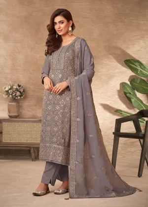 Embroidered Grey Viscose Jacquard Pant Style Salwar Suit