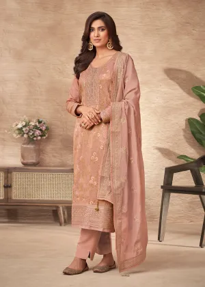 Embroidered Peach Viscose Jacquard Pant Style Salwar Suit