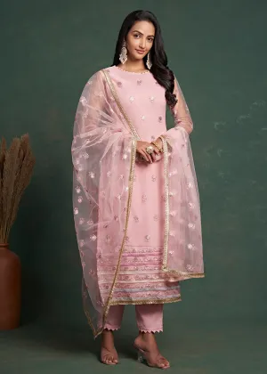 Fabulous Pink Zari & Sequins Work Net Wedding Wear Salwar Suit