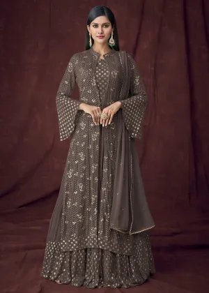 Fancy Fabric Grey Jacket Style Designer Lehenga Suit