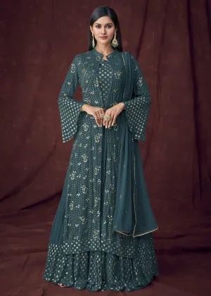 Fancy Fabric Teal Jacket Style Designer Lehenga Suit