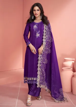 Festive Purple Embroidered Premium Silk Palazzo Suit