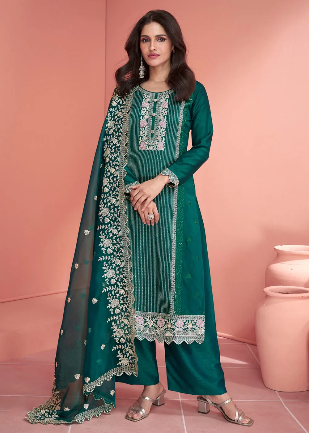 Festive Teal Green Embroidered Premium Silk Palazzo Suit