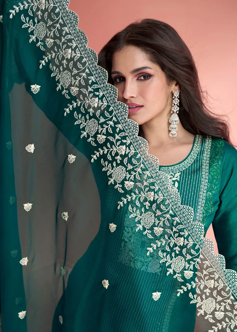 Festive Teal Green Embroidered Premium Silk Palazzo Suit