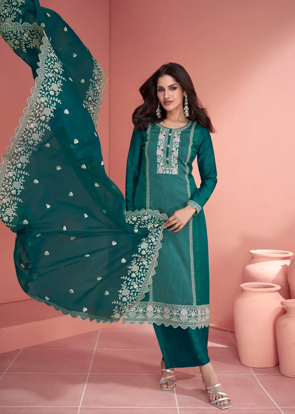 Festive Teal Green Embroidered Premium Silk Palazzo Suit