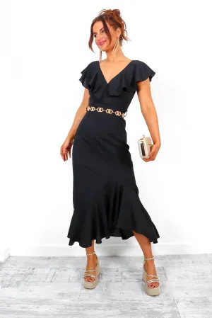 For The Frill - Black Belted Frill Hem Midi Dress