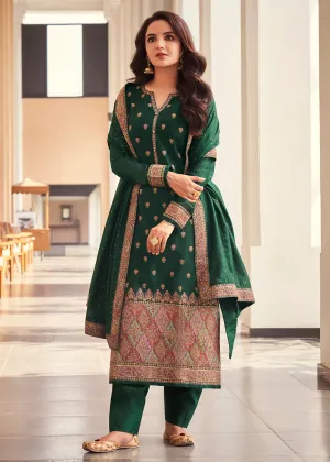 Green Jacquard Embordered Festive Pant Salwar Suit