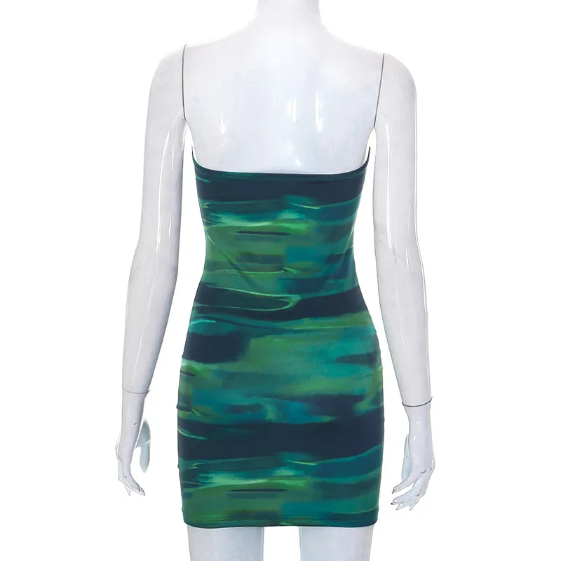 Green Wave Print Strapless Dress