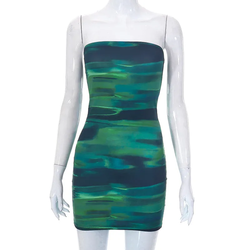 Green Wave Print Strapless Dress