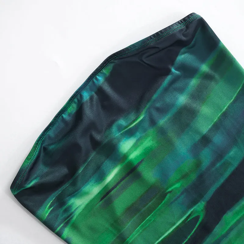 Green Wave Print Strapless Dress