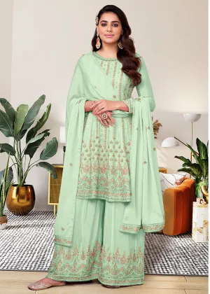 Heavy Chinon Gorgeous Aqua Green Festive Look Palazzo Salwar Suit