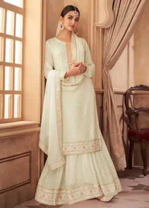 Heavy Faux Georgette Off White Embroidered Palazzo Suit