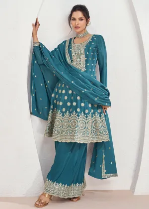 Incredible Teal Blue Embroidered Chinnon Festive Palazzo Suit