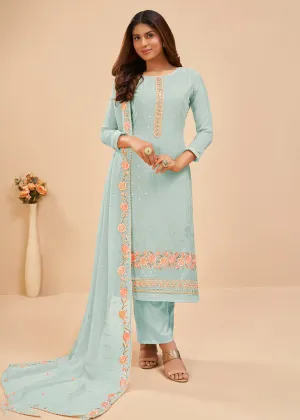 Light Blue Floral Embroidered Festive Pant Style Suit