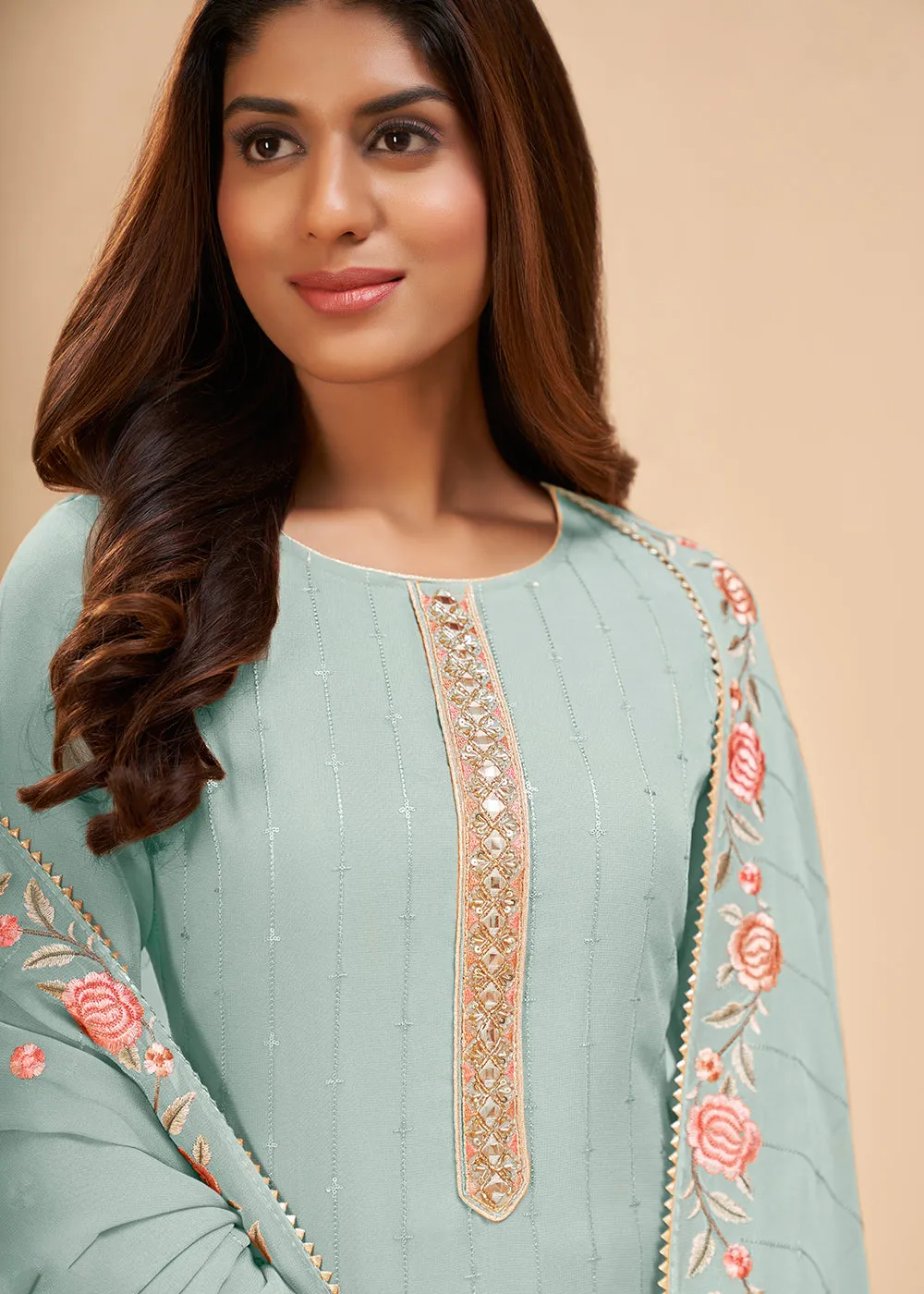 Light Blue Floral Embroidered Festive Pant Style Suit