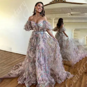 LVSANW A Line Prom Dresses Short Puff Sleeves Off Shoulder Evening Gowns For Pregnant Woman Flower Formal Party Dress платье женское