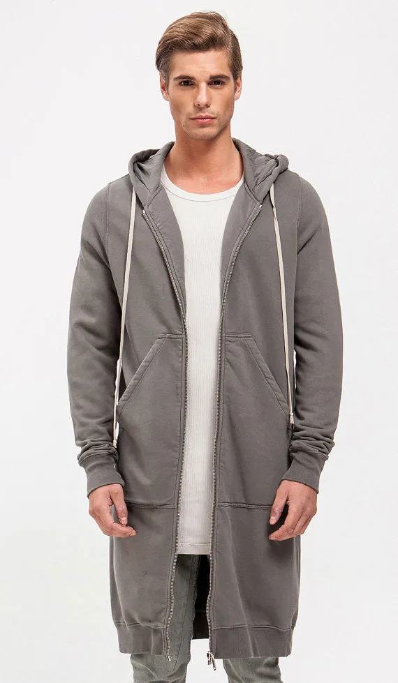 Men's Overlong Extended Sweatshirt Long Sleeve Zippered Front Hoodie