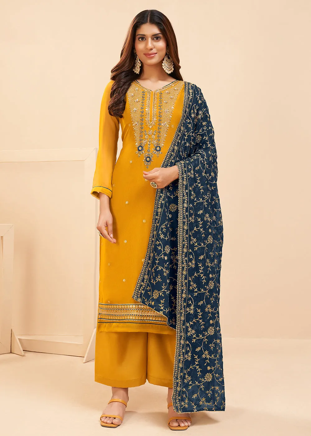 Multi Thread Rich Yellow Georgette Party Wear Salwar Kameez