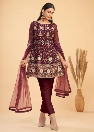 Multi Thread Wine Flared Style Pant Salwar Suit