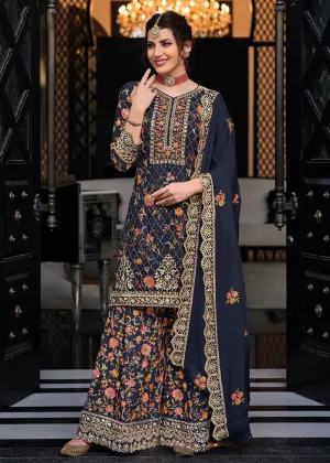 Navy Blue Chinon & Georgette Designer Palazzo Salwar Suit