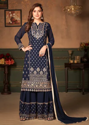 Navy Blue Pakistani Sharara Style Georgette Embroidered Suit