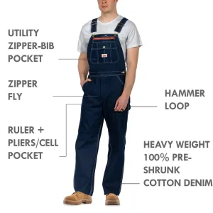 Non-USA Utility Zipper-Bib Blue Denim Overalls - Not Sewn in USA